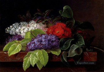 Johan Laurentz Jensen Painting - White And Purple Lilacs Camellia And Beech Leaves On A Marble Ledge flower Johan Laurentz Jensen flower
